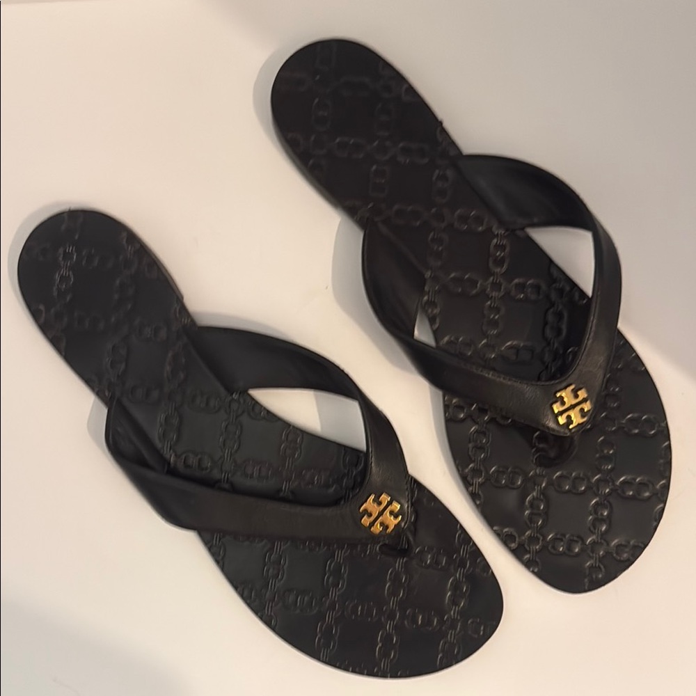 Tory Burch Black Leather Logo-Embossed Flip Flop Sandals with Gold Emblem